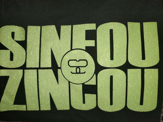 logo SinfouZincou vert clair paillettés sur tee shirt noir